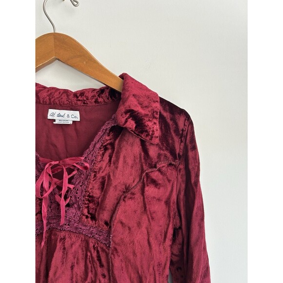 Vintage At Last & Co Red Velvet Crochet Lace Up Whimsigoth Top Size M - Picture 3 of 9